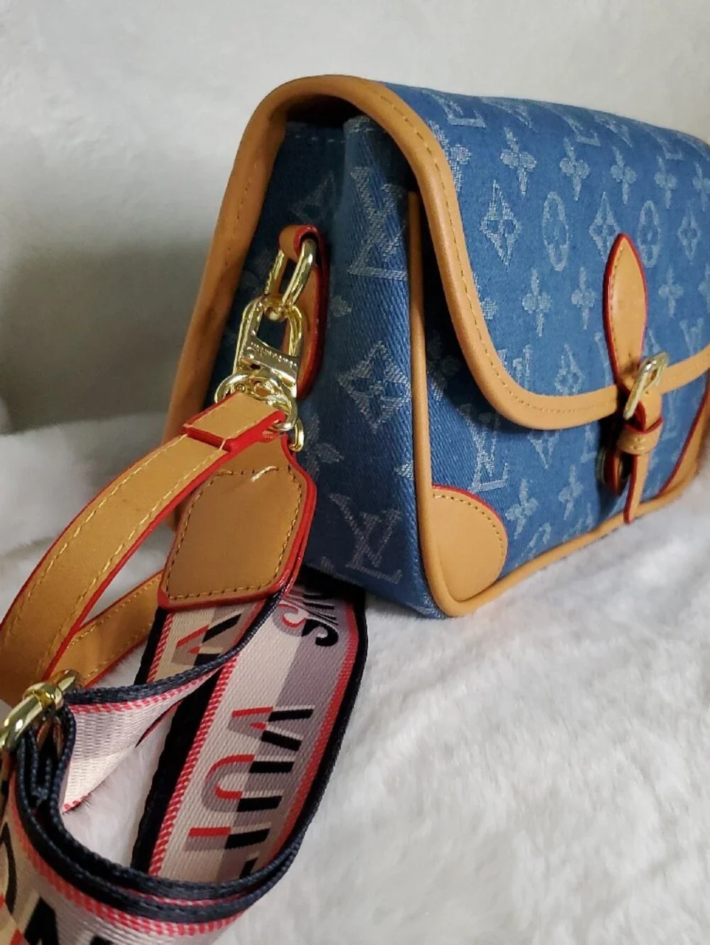 Blue Monogram Denim Crossbody with Tan Trim and Pink Accent Strap